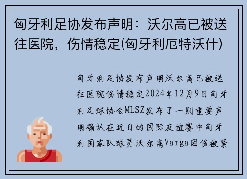 匈牙利足协发布声明：沃尔高已被送往医院，伤情稳定(匈牙利厄特沃什)