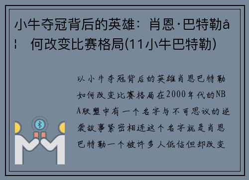 小牛夺冠背后的英雄：肖恩·巴特勒如何改变比赛格局(11小牛巴特勒)