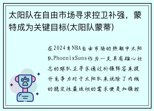 太阳队在自由市场寻求控卫补强，蒙特成为关键目标(太阳队蒙蒂)