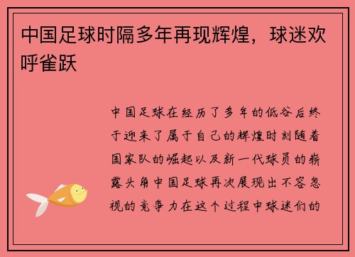 中国足球时隔多年再现辉煌，球迷欢呼雀跃