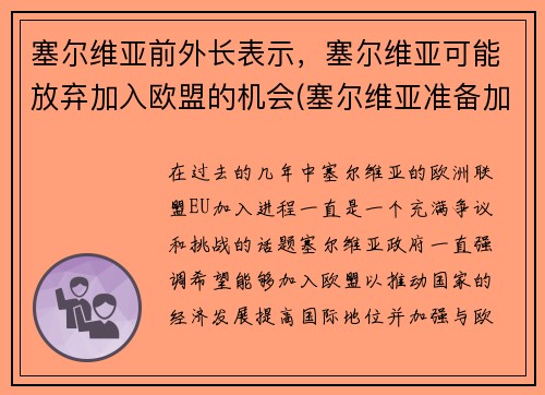 塞尔维亚前外长表示，塞尔维亚可能放弃加入欧盟的机会(塞尔维亚准备加入欧盟)