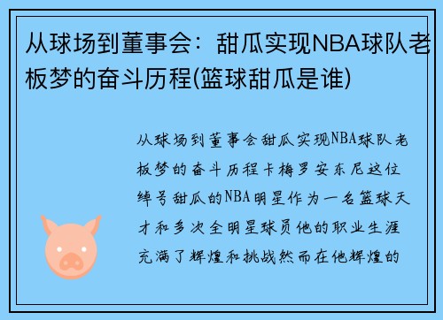 从球场到董事会：甜瓜实现NBA球队老板梦的奋斗历程(篮球甜瓜是谁)