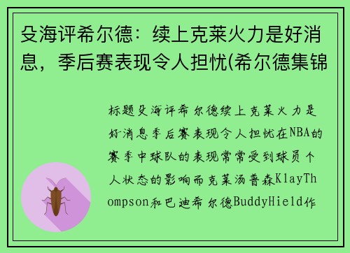 殳海评希尔德：续上克莱火力是好消息，季后赛表现令人担忧(希尔德集锦)