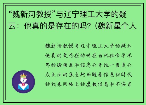 “魏新河教授”与辽宁理工大学的疑云：他真的是存在的吗？(魏新星个人简介)
